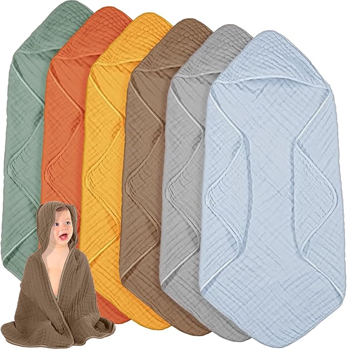 Peryiter 6 Pcs Muslin Hooded Baby Towels 32x32inch Cotton Newborn Bath Essentials Muslin Infant Blankets Absorbent Registry Baby Shower Present for Babies Girl Boy Kids (Yellow,Blue,Green,Orange)
