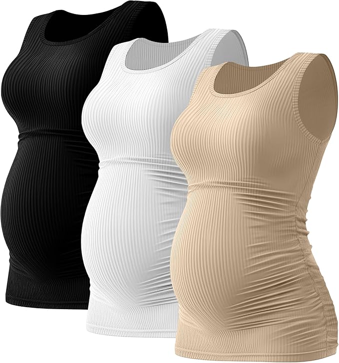 Riyiper 3 Pack Women's Maternity Tank Tops, Sleeveless Cotton Pregnancy Shirts Ribbed Knit Sides Ruched Basic Mama Clothes
