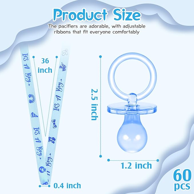 ZYFLSQ 60 Pieces Baby Shower Pacifiers Necklace, Acrylic Pacifier Necklaces for Baby Shower Games Boy Charm, Party Favors, Decorations DIY, Gender Reveal Table Scatter(Blue)