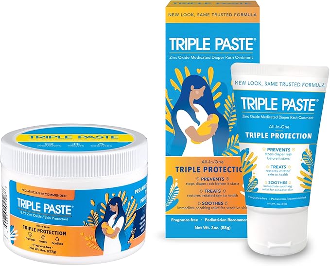 Triple Paste Diaper Rash Cream for Baby - 8 Oz Tub & 3 Oz Tube At Home & On the Go Bundle – Zinc Oxide Ointment Treats, Soothes & Prevents Diaper Rash, Baby Essentials for Daily & Overnight
