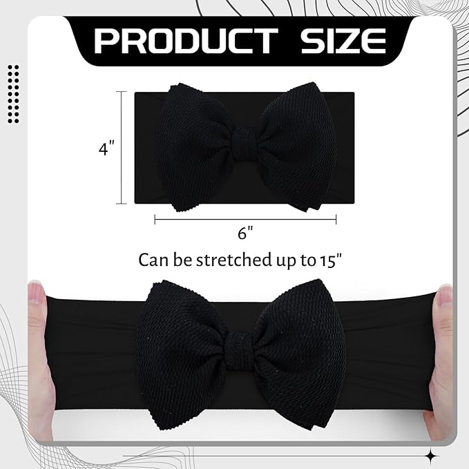 YanJie Baby Girl Bow Headbands - Black, White Nylon Hair Bows for Infants and Toddlers 0-6 Months
