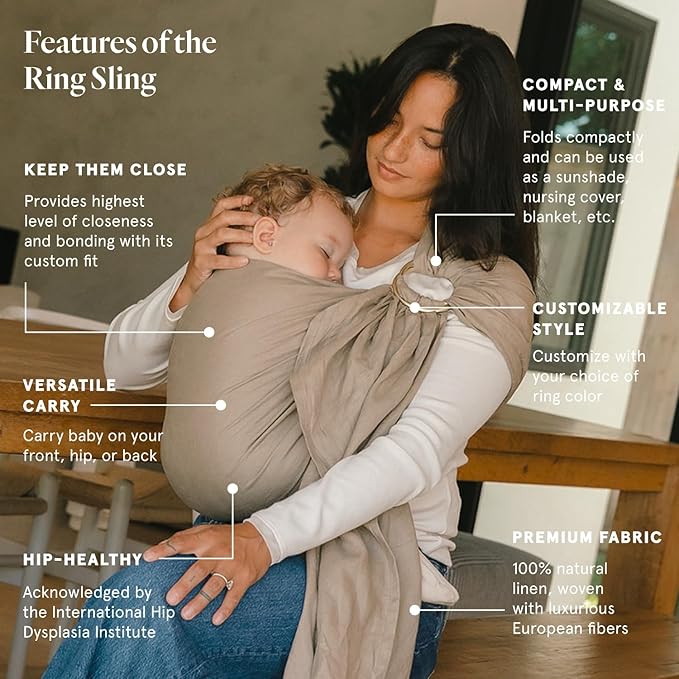 WildBird - Ring Sling Baby Carrier - 0-36 Months (up to 35 lbs) - Standard (74") Desert Lark & Bronze Ring - Front, Hip or Back Carry - Adjustable Fit - Natural Linen - Baby Essentials - New Mom Gifts