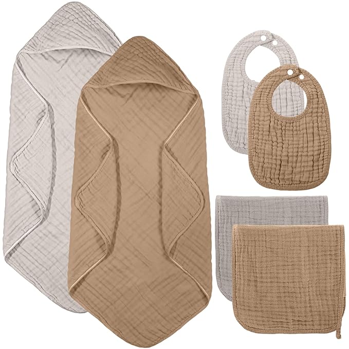 6 Pcs Muslin Hooded Bath Towels Washcloths and Bibs Set, Muslin Cotton Baby Towels Absorbent Hooded Blanket Towel Infant Bibs for Boys Girls Newborn Infant Essential(Brown, Beige)