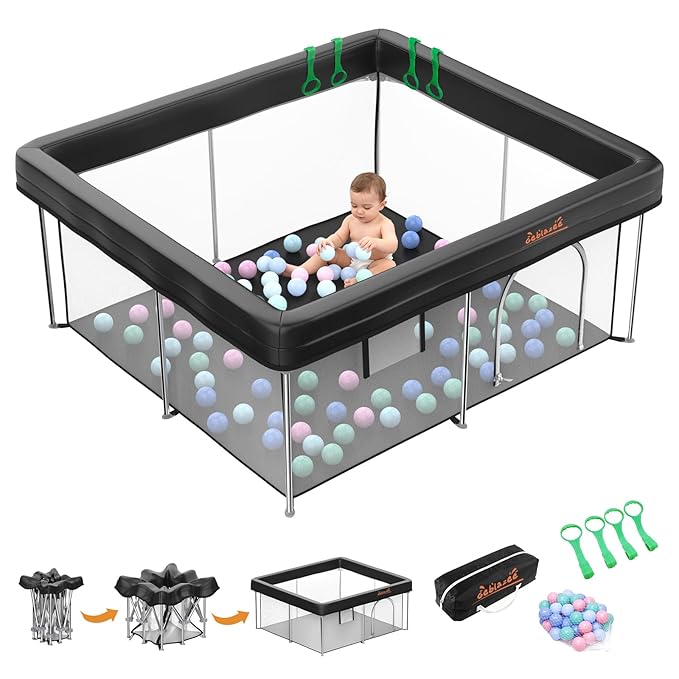 Foldable 50x50 Playpen, Portable Baby Playpen for Babies & Toddlers, Quick Fold Safety Play Yard with Balls, Pull Rings & Carry Bag, Indoor & Outdoor, Black