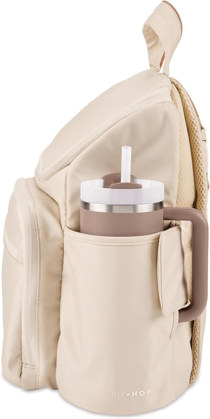 Skip Hop Diaper Bag Backpack with Portable Changing Pad Adjustable Pocket for 30 oz. Tumblers 9 Total Pockets Insulated Packing Cubes Luggage Sleeve & Stroller Straps Fits a 14” Laptop Forma Next Oat