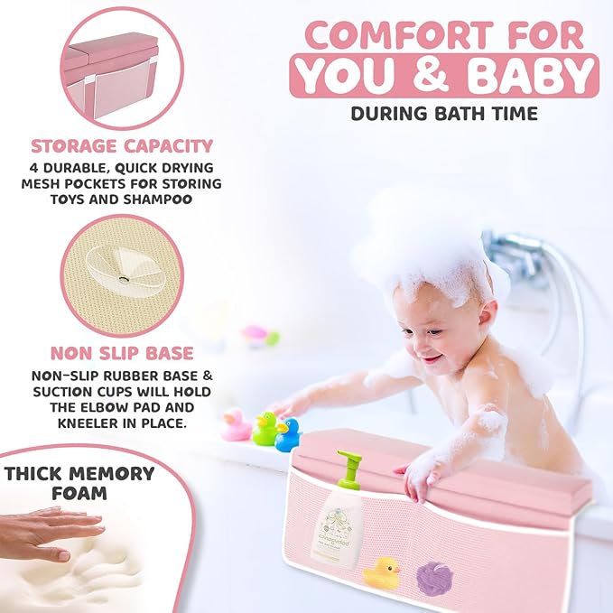 Sleepah Bath Kneeler and Elbow Kneeling Rest Pad Set for Baby Bathing – Waterproof Soft Memory Foam Mat Organizer Babies & Toddler Bathing Time Toys Sponge (Pink)