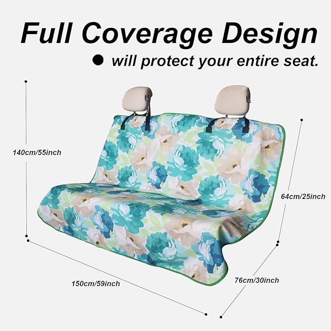 Back Seat Cover Protector for Dogs and Kids, Universal Waterproof Towel Rear Bench Seat Cover for Car, Truck, Van & SUV, Machine-Washable Backseat Car Covers (Cyan Flower, 1pcs Rear Seat)