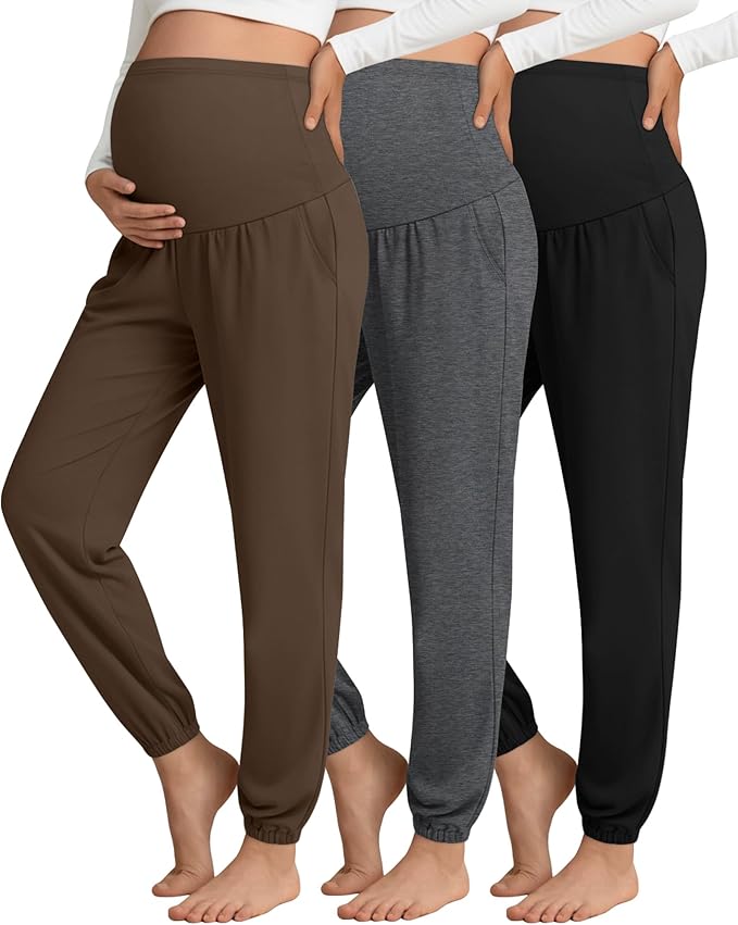 3 Pack Women's Maternity Pants Maternity Jogger Sweatpants Over The Belly Stretchy Pregnancy Pants with Pockets