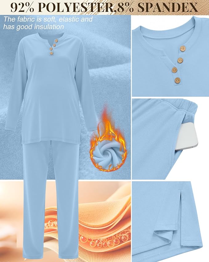 2 Piece Thermal Maternity Lounge Set Postpartum Pregnancy Fleece Loungewear Long Sleeve Top and Wide Leg Pant