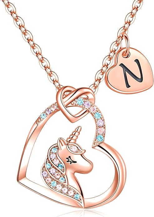 Hidepoo Valentines Gifts for Kids Girls - Unicorn Necklace Gifts for Teen Girls Kid, Colorful CZ Heart Pendant Initial Unicorn Necklaces for Girl Jewelry Birthday Gift for Girl Kid