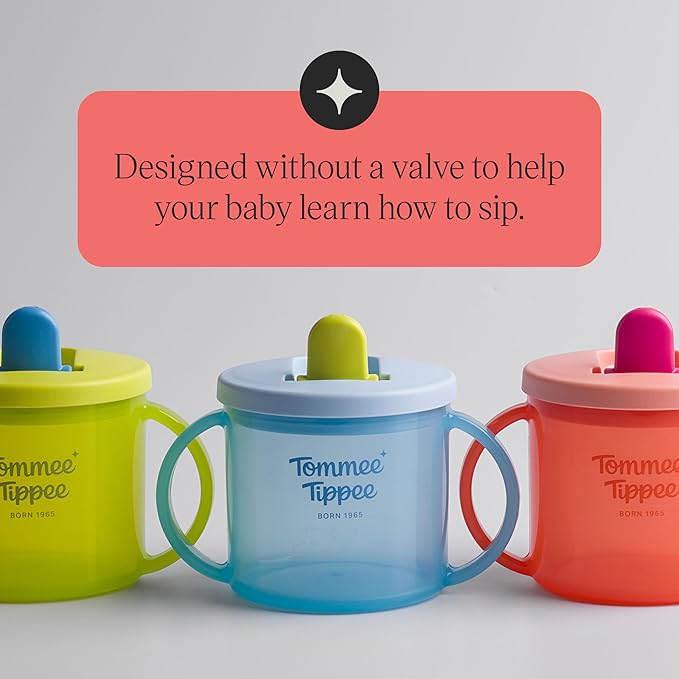 Tommee Tippee First Baby Sippy Cups with Spout and Lid, Ages 4 Months+, 6 oz, Leak-Proof Durable Spout, Easy Grip Handles, Bright Multicolor, Pack of 3