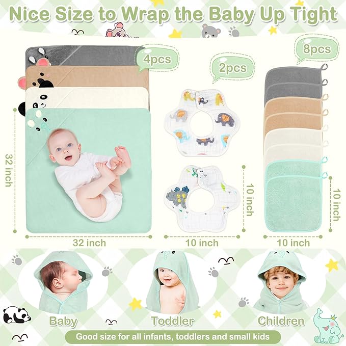 14 Pcs Baby Towels Washcloths and Baby Bibs Set, 4 Pcs 32x32 Hooded Bath Towel, 8 Pcs Baby Washcloths and 2 Pcs Cotton Baby Bibs for Newborns, Toddlers and Kids, Soft Baby Towel Set for Boys and Girls