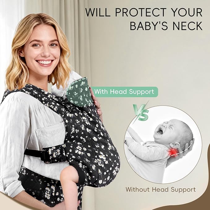 FRUITEAM Baby Carrier, Toddler Carrier with Adjustable Seat Size, Comfortable & Ergonomic Baby Carrier Newborn (7-25 LBS), Easy to Wear, Travel and Hiking Friendly (Black Floral)