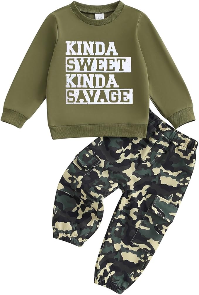 wdehow Toddler Kids Baby Boy Fall Outfits 1T 2T 3T 4T 5T Letter Print Long Sleeve Tops Camouflage Pants Winter Clothes Sets