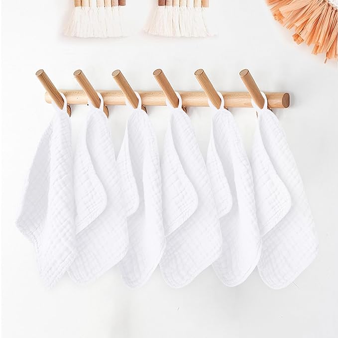 12 Pack Muslin Washcloths for Baby - 100% Cotton Baby Wash Cloths for or Baby Face Body Comfy and Soft for Newborn Infants Kids Girls and Boys - 12"x12" - White
