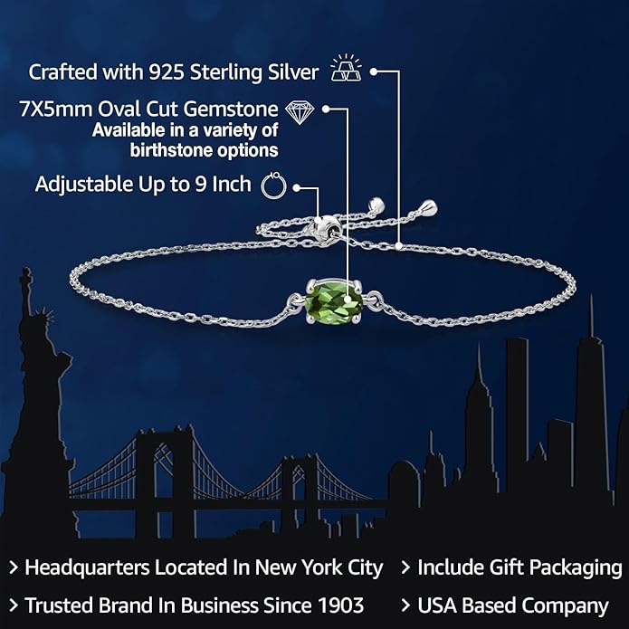 Gem Stone King 7X5MM Oval Gemstone Birthstone Solitaire Bracelet For Women | 925 Sterling Silver | Adjustable Bolo Bracelet For Women | Fine Jewelry Gifts for Her Mom Wife