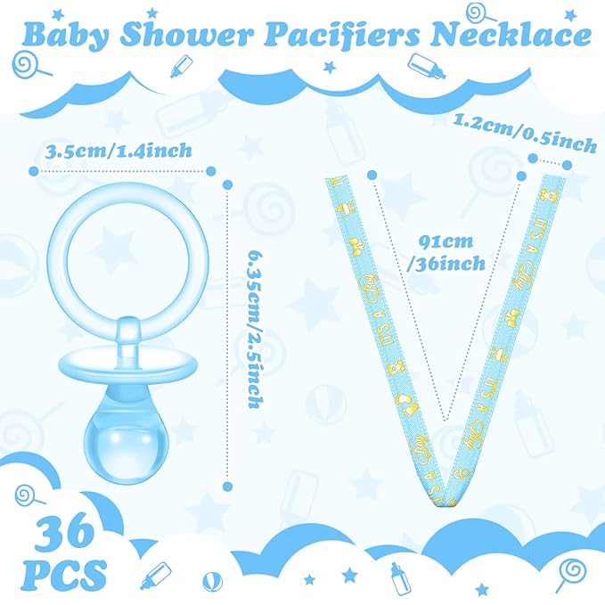Geiserailie 36 Pcs Baby Shower Pacifiers Necklace Boy Blue Acrylic Pacifiers Necklace Party Favors for Boys Chupones para Baby Shower Gender Reveal Party Decorations Table Scatter