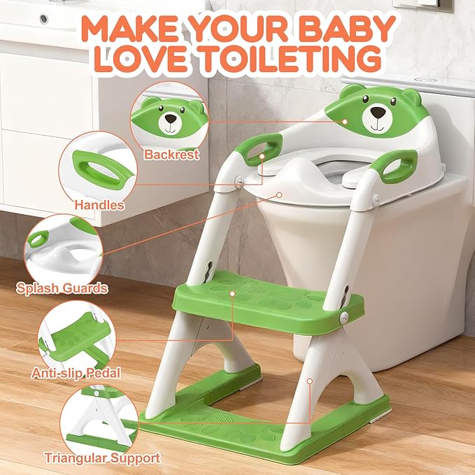 SKYROKU Potty Training Seat for Toddlers – 2-in-1 Adjustable potty ladder with Step Stool, Anti-Slip Cushion, Splash Guard & Extra-Wide Pedals, Supports 200+ lbs, Ideal for Boys & Girls (8899-Green)