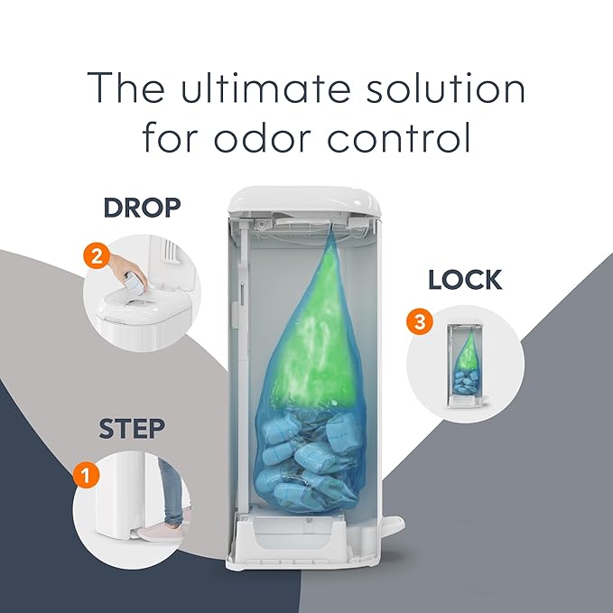 Diaper Genie Platinum Diaper Pail Gift Set | Hands-Free Odor Control with Foot Pedal | Stainless Steel Baby Diaper Pail | Includes 2 Easy Roll Refills 48 Bags Total | Baby Registry Must-Have