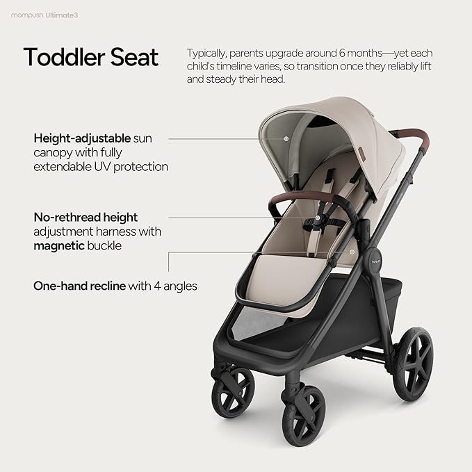 Mompush Ultimate 3 Full Size Baby Stroller with Bassinet from Newborn to 50 lbs - All-Terrain Large Wheels with Full Suspension, Reversible & Extendable Seat for Growing Kids, One-Second Compact Fold