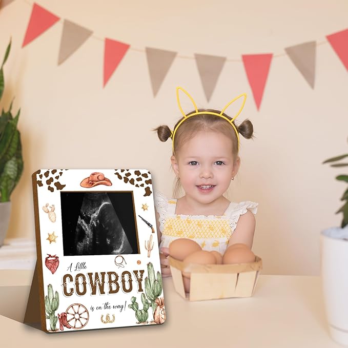 ALodr Cowboy Baby Shower Decorations, Baby Shower Sign Picture Frame, Cowboy Party Decor for Gender Reveal, Pregnancy Milestone Keepsake, Pregnancy Announcement Sonogram Photo Frames