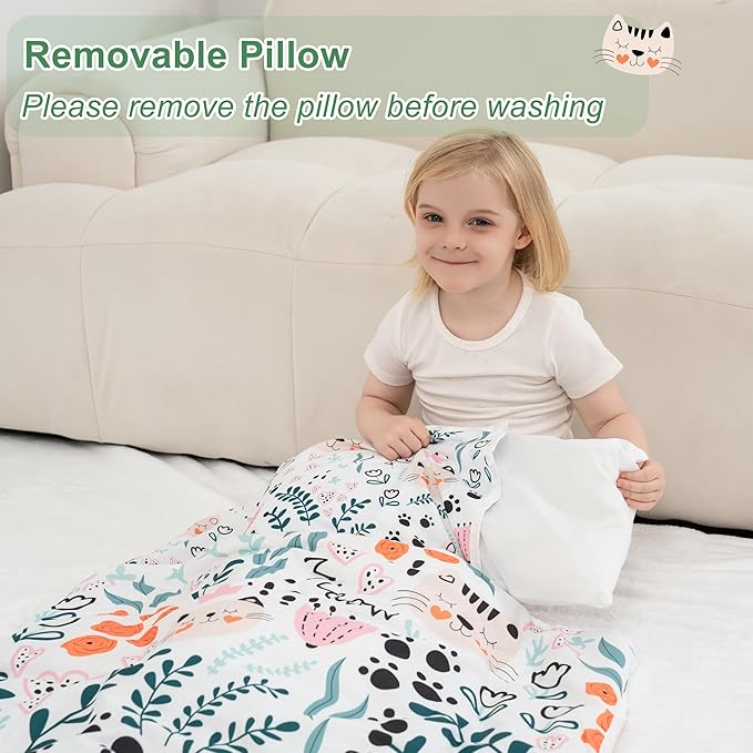 Viviland Toddler Nap Mat with Pillow and Minky Dot Blanket, Rolled Sleeping Mats/Slumber Bag, Large Thick Kids Nap Mat for Preschool, Daycare, Kindergarten, Travel Camping -Cute Cat