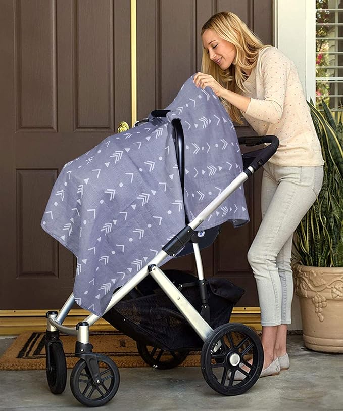 Muslin Baby Car Seat Canopy, Metplus Infant Carseat Cover - Extra Wide Universal Fit, Lightweight Breathable Soft for Babies Girls Shower Gift (Arrow)
