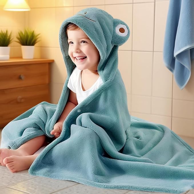 Toddler Bath Towel Baby Towels with Hood 27.5"X55" Ultra Absorbent Soft Bathrobe Blanket Kids Shower Towel for Girls and Boys(Greenish-Blue)