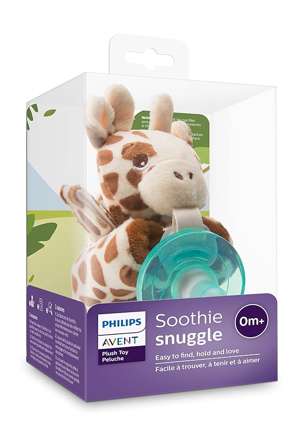 Philips AVENT Soothie Snuggle Pacifier Holder with Detachable Pacifier,0m+,Giraffe,SCF347/01,(Pack of 3)