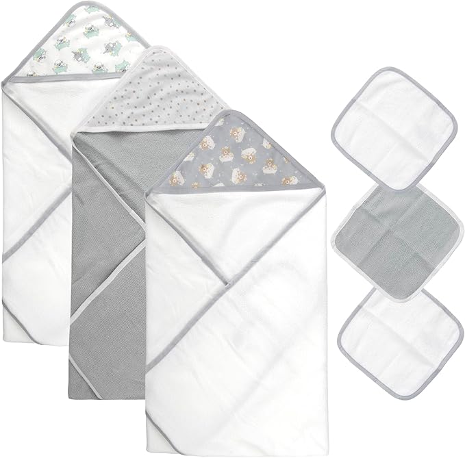 Baby Bath Essential Hooded Baby Bath Towel and Washcloth 6 Piece Set for Newborns, Infants & Toddlers, Boys & Girls Baby Hooded Towels Set (Teddy Bear Print)