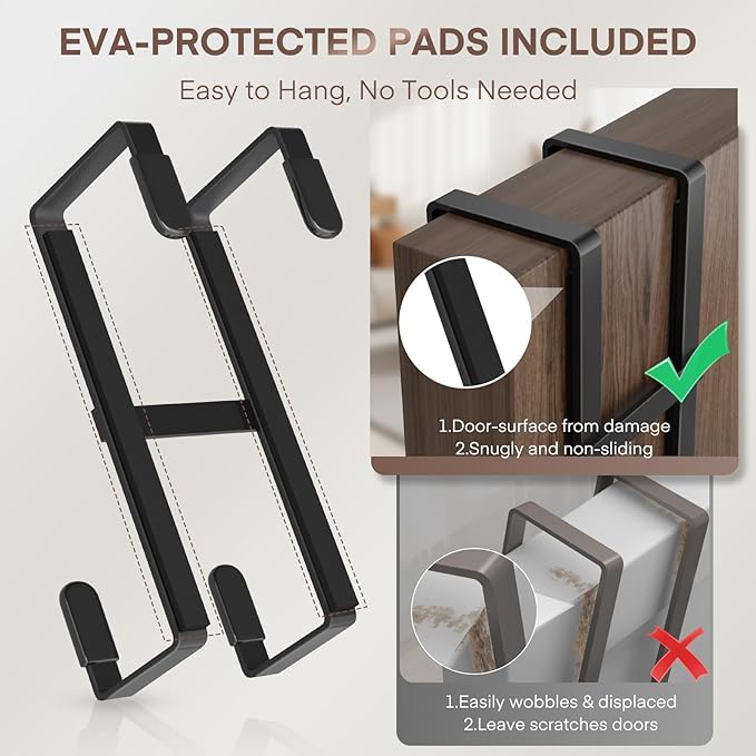 FYY 2 Packs Over The Door Hooks, Dual-Sided Door Hanger Hook, Heavy Duty No Drill Wall Hooks for Hanging Coats, Towels, Bags, Kitchen Closet Fits Most Doors Up to 1-7/8" Thickness (Black)
