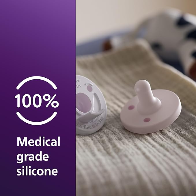 Philips Avent Soothie Baby Pacifiers - 100% Silicone Pacifiers for Babies 0-3 Months, One-Piece Design, BPA-Free, Extra Durable, Lilac and Pink, 4 Pack, Model SCF190/70