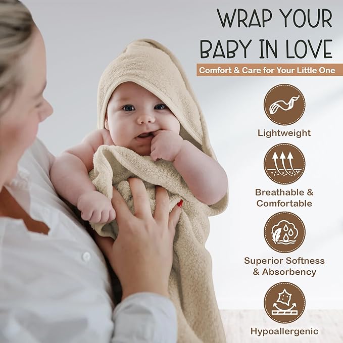 100% Organic Cotton Plush Woven Hooded Baby Bath Towels - Soft and Absorbent 31x31 Inches for Newborns and Kids, Hooded Baby Towels, Premium Infant Towels (Ivory)