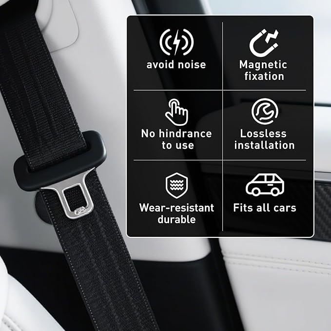 Powerful Magnetic Seat Belt Holder Clip - Prevent Car Noise Seat Belt Silencer Universal Automatic Adsorption Stabilizer One-Second Snap & Release (Fits All Cars, Black X 4)