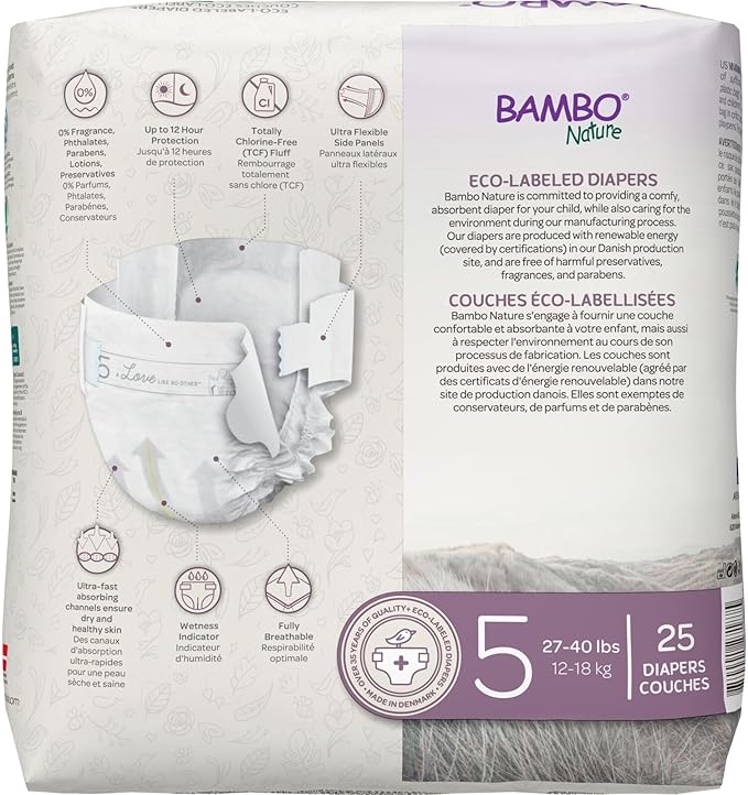 Bambo Nature Premium Eco-Friendly Baby Diapers, Size 5 (27-40 Lbs), 25 Count