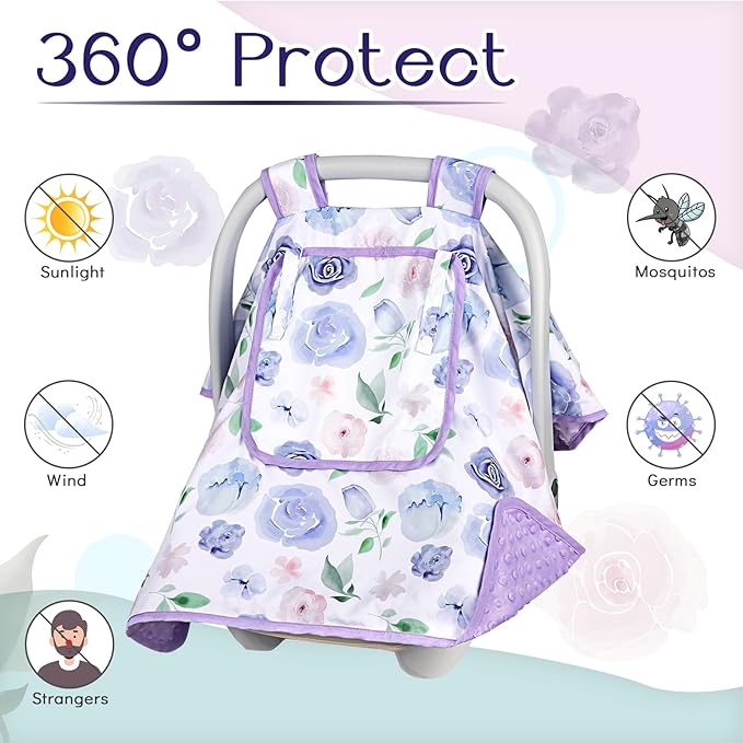 Baby Carseat Seat Cover Girls, Winter Carseat Canopy, Cozy & Warm Cover with Zipper Peep Windows, Infant Minky Carrier Cover, Soft Breathable, Baby Must Have, Purple Romantic