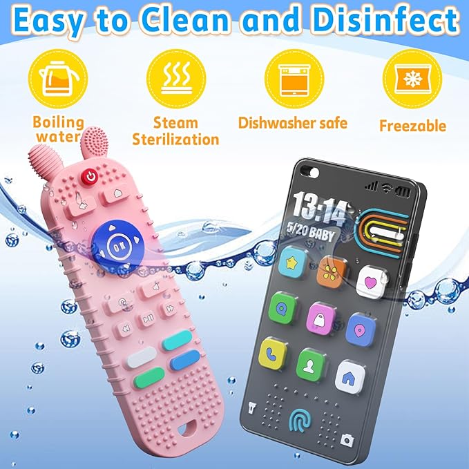 TV Remote Control Shape Baby Teething Toys and Phone Shape Teether Toys for Babies 6-12 Months, Soft Flexible Silicone Chew Toys for Baby - Black Pink