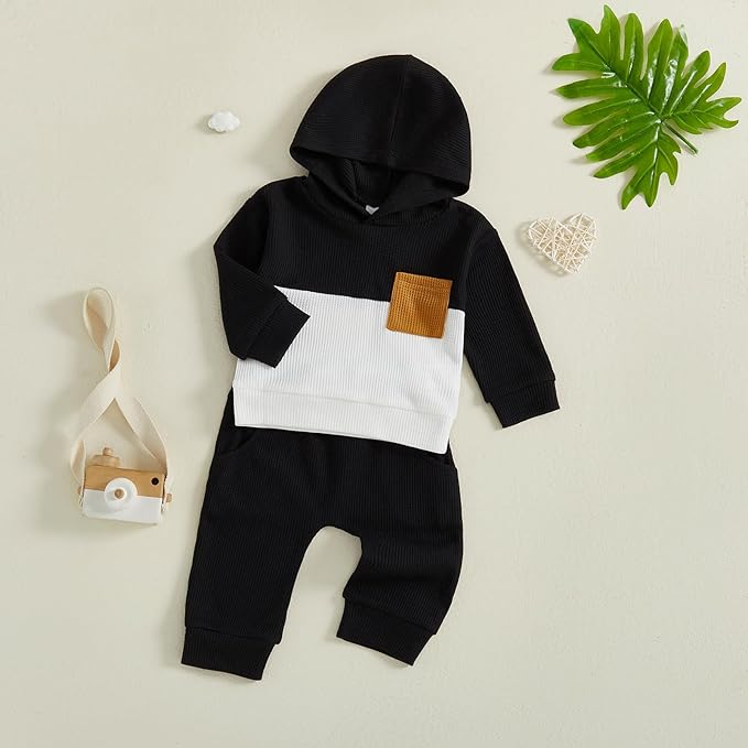 Toddler Baby Boy Hoodies Fall Clothes Waffle Contrast Color Sweatshirt Pant Set Infant Clothes 6 12 18 Months 2T 3T