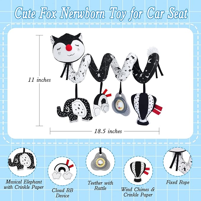 FATI Car Seat Toys for Babies 0-6 Months, Black and White High Contrast Baby Spiral Carseat Toy for Infant 0-3, 3-6 Newborn, Stroller Toys for 0 3 6 9 12 Months Baby Ideal Gift