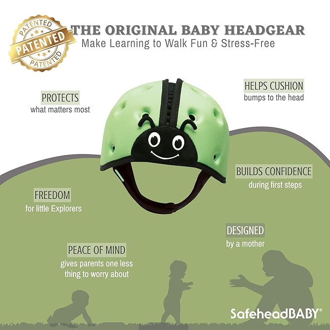 SafeheadBABY Soft Baby Head Protector Helmet for Crawling and Walking 7–24 Months – Ultra-Lightweight & Breathable Infant Safety Helmet That Grows with Your Baby (Head Circ. 40–52 cm) – Ladybird Green