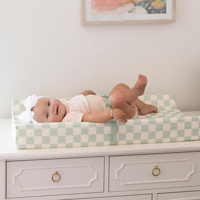 Tiny Twinkle Diaper Changing Pad for Dresser & Nursery Table – Waterproof, Wipeable & Mess-Proof Baby Changing Pad with Safety Strap, Non-Slip Base & Removable Washable Cover(Sage Checkers)