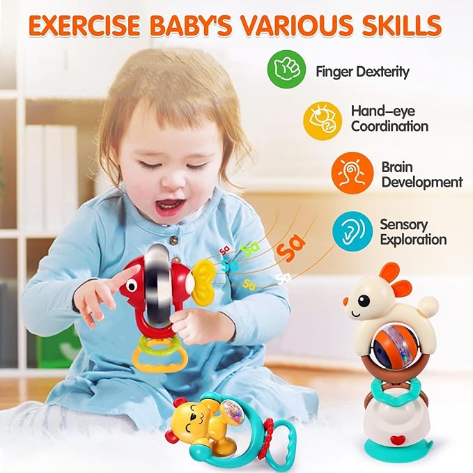 Baby Toys 6-12 Months Infant Toy Set of 3 High Chair Suction Cup Rattle Teething Toys for Babies 6 7 9 12-18 Months 2-in-1 Sensory Development Tray Toy Baby Gifts for Boys Girls