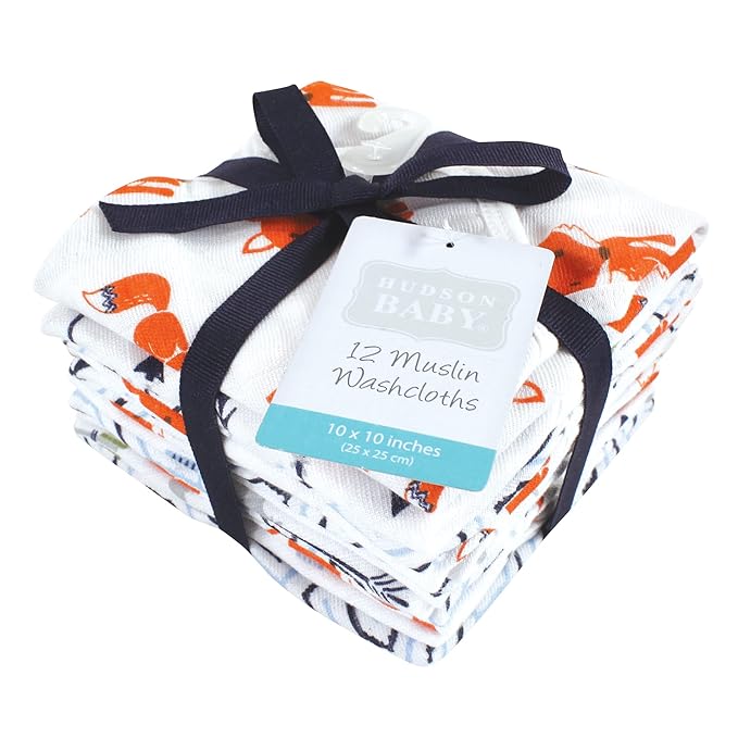 Hudson Baby Unisex Baby Cotton Muslin Washcloths, Foxes, One Size