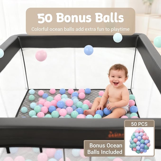 Foldable 50x50 Playpen, Portable Baby Playpen for Babies & Toddlers, Quick Fold Safety Play Yard with Balls, Pull Rings & Carry Bag, Indoor & Outdoor, Black