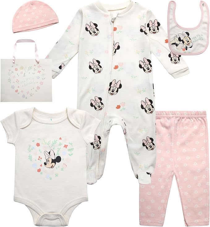 Disney Newborn Baby Girl Boy Clothes - 7 Piece Mickey Mouse Winnie the Pooh Bib Onesie Overall Beanie Pants Gift Bag Gift Set