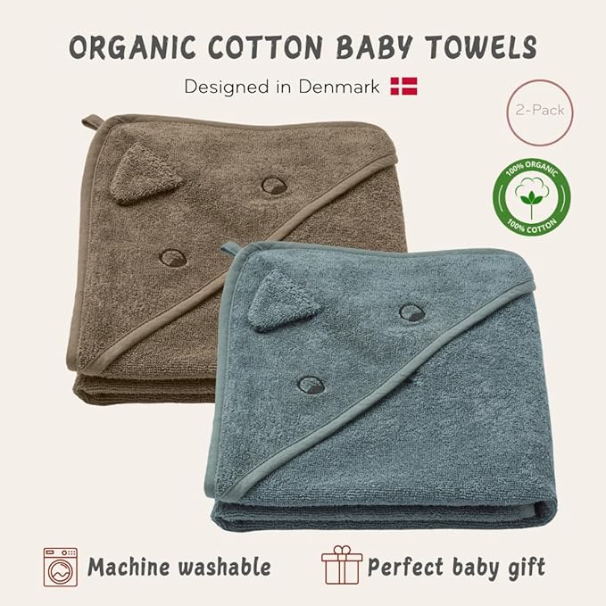 Baby Hooded Towel – Organic Cotton Baby Bath Towels, 32" x 32" Super-Soft and Absorbent Baby Towels for Newborn 2-Pack (Towel Dino Green Moss/Dino Tradewinds)