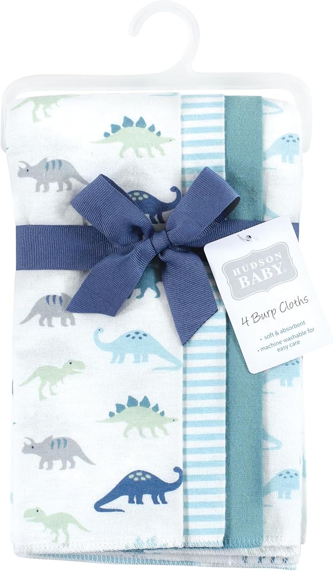 Hudson Baby Cotton Poly Flannel Burp Cloths Multipack, Soft Teal Dino 8-Pack, One Size