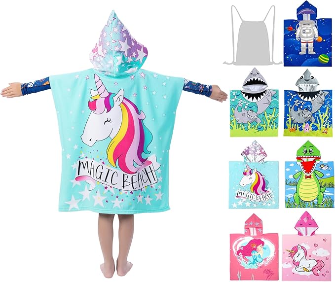 Hooded Kids Beach Towels - Toddler Bath Towel Girls Boys Swim Cover-ups for Ages 4 to 10 Kids Pool Towels Quick Dry Lightweight Soft Microfiber Poncho 30x30 with Bag (Aqua Unicorn)