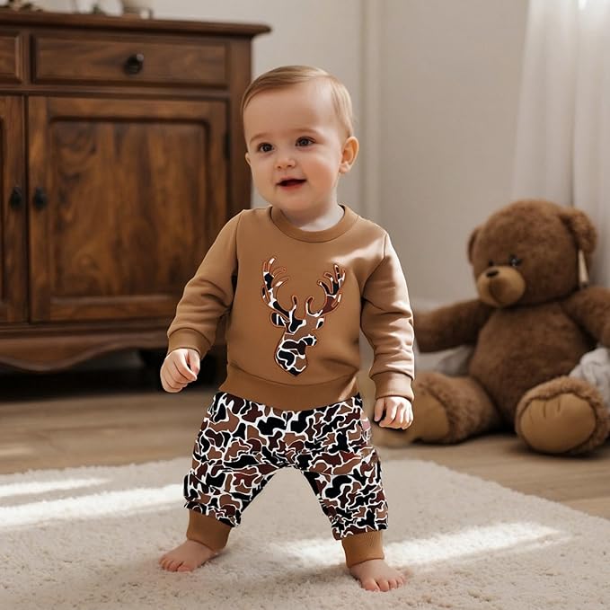 Muineobuka Toddler Baby Boy Hunting Clothes Reindeer Embroidery Sweatshirt and Camouflage Pants Outfits Baby Camo Clothing