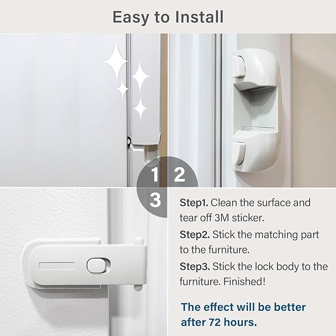 Fridge Lock, Refrigerator Lock for Kids, Freezer Latches to Keep Door Closed, One-Handed Operation, Strong Adhesive Tapes Included, 2 Pack, White